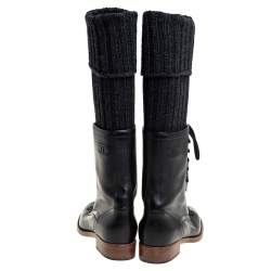 Chanel Black Leather And Knit Fabric Sock Combat Boots Size 38