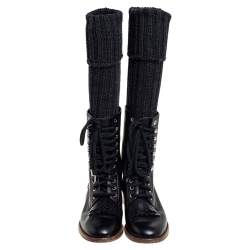 Chanel Black Leather And Knit Fabric Sock Combat Boots Size 38