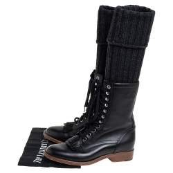 Chanel Black Leather And Knit Fabric Sock Combat Boots Size 38
