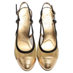 Pre Owned Chanel Multicolor Leather And Mesh Cap Toe Slingback Sandals Size 38.5