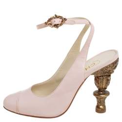 Pre Owned صندل شانيل جلد وردي كعب باروك سير كاحل مقاس 36