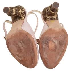 Pre Owned صندل شانيل جلد وردي كعب باروك سير كاحل مقاس 36