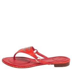 Chanel Red Python CC Flat Thong Sandals Size 39.5