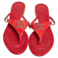 Chanel Red Python CC Flat Thong Sandals Size 39.5