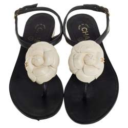 Pre Owned Chanel Black Leather Camellia CC Flat Sandals Size 35.5