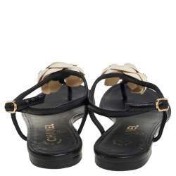 Pre Owned Chanel Black Leather Camellia CC Flat Sandals Size 35.5