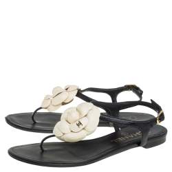Pre Owned Chanel Black Leather Camellia CC Flat Sandals Size 35.5