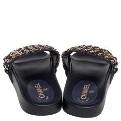مملوكة مسبقًا Chanel Navy Blue Fabric Tropiconic Chain Flat Slides Size 38 