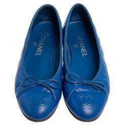Pre Owned Chanel Blue Leather CC Ballet Flats Size 36.5