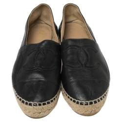 Chanel Black Leather CC Espadrille Flats Size 37