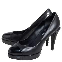 Pre Owned Chanel Black Leather Cap Toe Platform Pumps Size 39