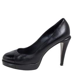 Pre Owned Chanel Black Leather Cap Toe Platform Pumps Size 39