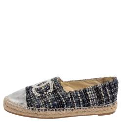 مملوكة مسبقًا حذاء إسبادريل فلات شانيل تويد وجلد رصاصي مقدمة سي سي مقاس 37