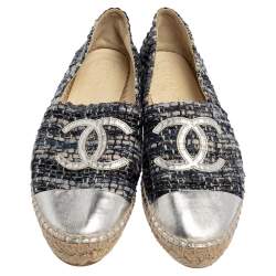 مملوكة مسبقًا حذاء إسبادريل فلات شانيل تويد وجلد رصاصي مقدمة سي سي مقاس 37