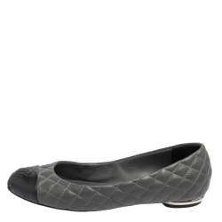 Chanel Grey Quilted Leather CC Cap Toe Ballet Flats Size 36.5