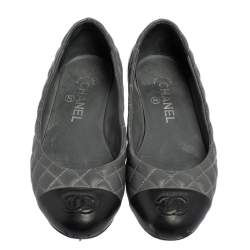 Chanel Grey Quilted Leather CC Cap Toe Ballet Flats Size 36.5