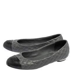 Chanel Grey Quilted Leather CC Cap Toe Ballet Flats Size 36.5