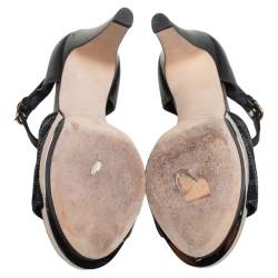 مملوكة مسبقًا Chanel Black Leather And Canvas Bow Open Toe Platform Ankle Strap Sandals Size 39.5