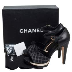 مملوكة مسبقًا Chanel Black Leather And Canvas Bow Open Toe Platform Ankle Strap Sandals Size 39.5