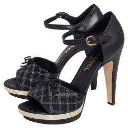مملوكة مسبقًا Chanel Black Leather And Canvas Bow Open Toe Platform Ankle Strap Sandals Size 39.5