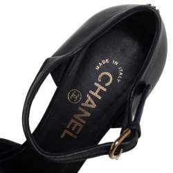 مملوكة مسبقًا Chanel Black Leather And Canvas Bow Open Toe Platform Ankle Strap Sandals Size 39.5