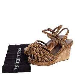 مملوكة مسبقًا Chanel Metallic Gold Woven Fabric Wedge Platform Sandals Size 38