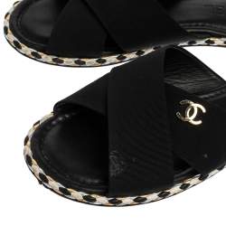 Pre Owned Chanel Black Fabric Braided Trim Criss Cross CC Flat Slides Size 38