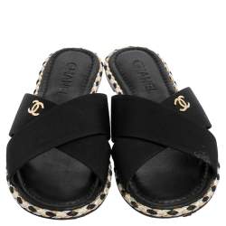 Pre Owned Chanel Black Fabric Braided Trim Criss Cross CC Flat Slides Size 38