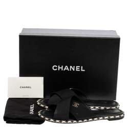 Pre Owned Chanel Black Fabric Braided Trim Criss Cross CC Flat Slides Size 38