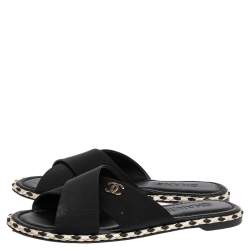 Pre Owned Chanel Black Fabric Braided Trim Criss Cross CC Flat Slides Size 38