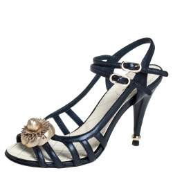 Chanel Midnight Blue Leather Camellia Embellished Ankle Strap Sandals Size 38.5