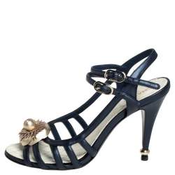 Chanel Midnight Blue Leather Camellia Embellished Ankle Strap Sandals Size 38.5