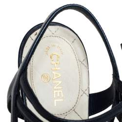 Chanel Midnight Blue Leather Camellia Embellished Ankle Strap Sandals Size 38.5