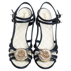 Chanel Midnight Blue Leather Camellia Embellished Ankle Strap Sandals Size 38.5