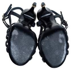 Chanel Midnight Blue Leather Camellia Embellished Ankle Strap Sandals Size 38.5