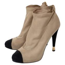 Chanel Beige/Black Stretch Fabric CC Cap Toe Ankle Booties Size 41