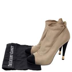 Chanel Beige/Black Stretch Fabric CC Cap Toe Ankle Booties Size 41