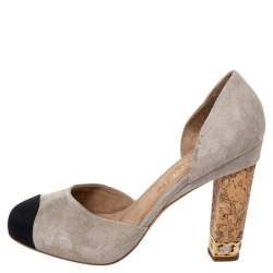 Pre Owned Chanel Suede CC Cork Heel Cap Toe Pumps Size 37.5