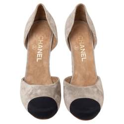 Pre Owned Chanel Suede CC Cork Heel Cap Toe Pumps Size 37.5