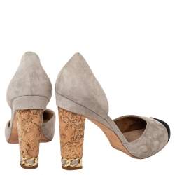 Pre Owned Chanel Suede CC Cork Heel Cap Toe Pumps Size 37.5