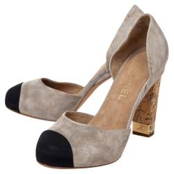 Pre Owned Chanel Suede CC Cork Heel Cap Toe Pumps Size 37.5
