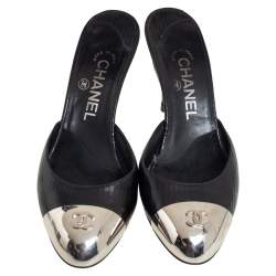 Chanel  Black Leather CC Cap Toe Mule Sandals Size 37