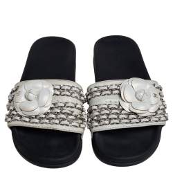 مملوكة مسبقًا Chanel White Leather Tropiconic Camellia And Chain Detail Slide Sandals Size 38