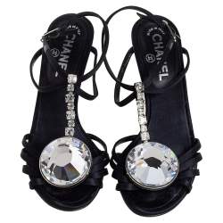 مملوكة مسبقًا Chanel Black Satin Diamante Strappy Sandals Size 38