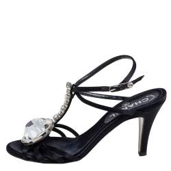 مملوكة مسبقًا Chanel Black Satin Diamante Strappy Sandals Size 38