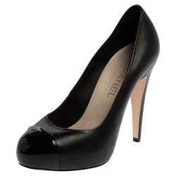 Pre Owned Chanel Black Leather CC Cap Toe Platform Pumps Size 38