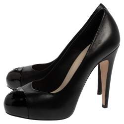Pre Owned Chanel Black Leather CC Cap Toe Platform Pumps Size 38