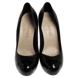 Pre Owned Chanel Black Leather CC Cap Toe Platform Pumps Size 38
