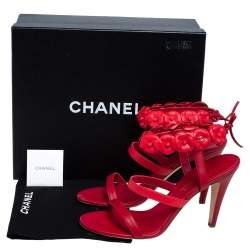 Chanel Red Leather Camellia Appliqué Ankle Strap Sandals Size 40.5