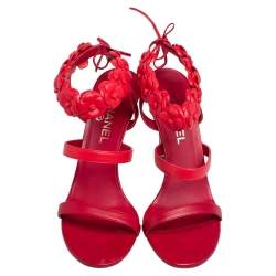 Chanel Red Leather Camellia Appliqué Ankle Strap Sandals Size 40.5